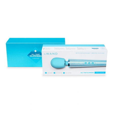 Le Wand Petite All That Glimmers Rechargeable Vibrating Massager (available in Light Blue and Pink and White) A high-quality image of the Le Wand Petite Rechargeable Massager.
