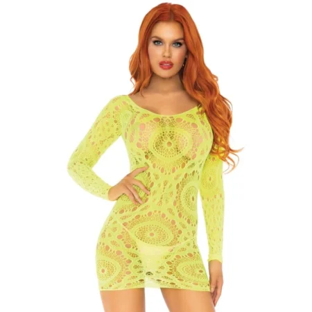 Scopri l'eleganza dell'Abito Mini a Maniche Lunghe in Pizzo Crochet Neon di Leg Avenue
