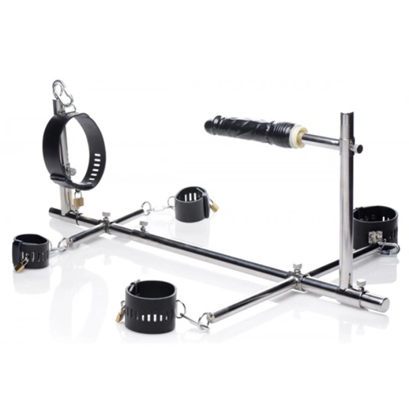 Master Series Imprisoned Metal Stockade With Dildo The Imprisoned Metal Stockade With Dildo is a versatile bondage device that restrains your sub's neck