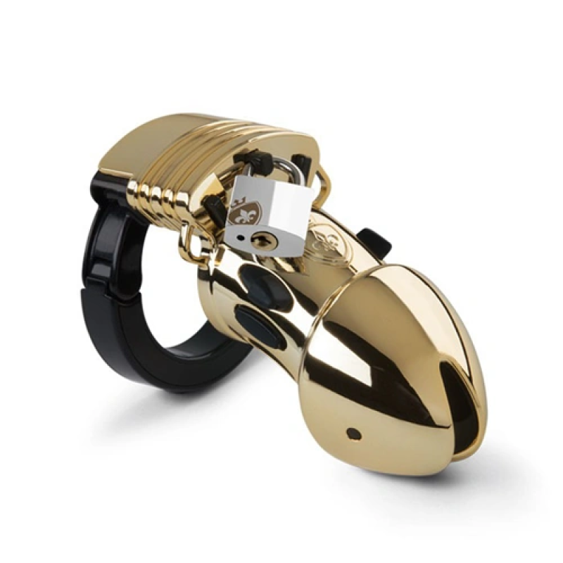Mystim Pubic Enemy No 1 Cock cage - Gold Edition This innovative cock cage with e-stim function keeps your partner under lock and key