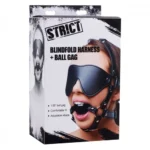 Strict Blindfold Harness And Ball Gag. Unleash new sensations with the Blindfold Harness and Ball Gag.