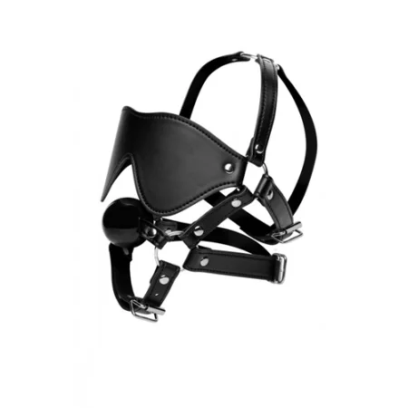 Strict Blindfold Harness And Ball Gag. Unleash new sensations with the Blindfold Harness and Ball Gag.