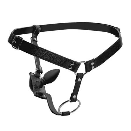 Strict Harness With Cock Ring And Anal Plug A high-quality image of the harness with cock ring.