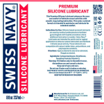 Swiss Navy Premium Silicone Lubricant 237ml bottle label showing ingredients and directions.