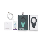 Close-up of We-Vibe Verge Box Content contoured perineum stimulator and We-Connect app control feature