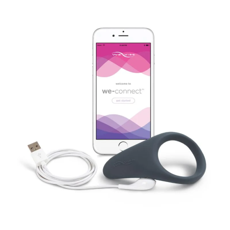 Close-up of We-Vibe Verge contoured perineum stimulator and We-Connect app control feature