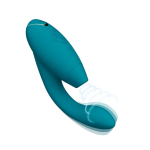 Close-up of Womanizer Duo 2 showing Pleasure Air head, separate controls, and features like Smart Silence and Afterglow