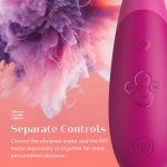 Close-up of Womanizer Enhance showing broad stimulation head and separate controls for Pleasure Air and vibration motors
