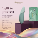 Close-up of Womanizer Next showing stimulation head, controls for Climax Control and Autopilot, and extra stimulator head size