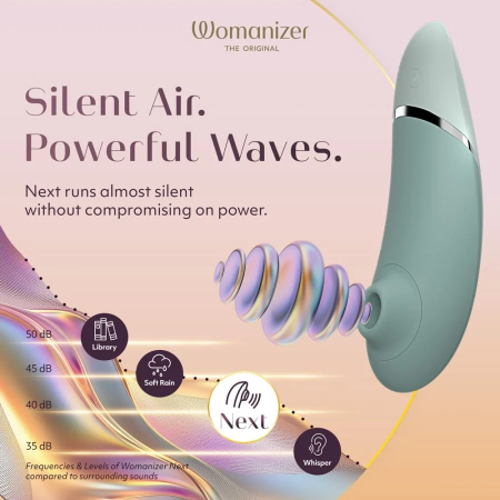 Close-up of Womanizer Next showing stimulation head, controls for Climax Control and Autopilot, and extra stimulator head size