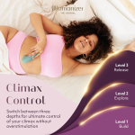 Close-up of Womanizer Next showing stimulation head, controls for Climax Control and Autopilot, and extra stimulator head size