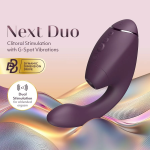 Close-up of Womanizer Next Duo showing 3D Pleasure Air head, separate controls, and features like Climax Control, Smart Silence and Afterglow