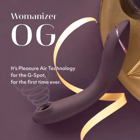 Close-up of Womanizer OG showing ergonomic curve, flexible arm and features like Smart Silence and Afterglow for discreet use