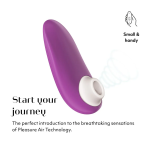 Close-up of Womanizer Starlet 3 showing two-button controls, magnetic USB charging pins and waterproof IPX7 design