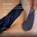 Close-up of Womanizer Vibe showing Pleasure Edges ergonomic shape, Autopilot controls and magnetic USB charging pins in body-safe silicone